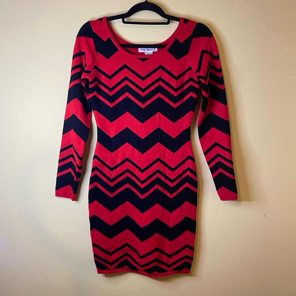 Bodycon Mini Dress Black Red Chevron Pattern Knit Long Sleeve Size Medium